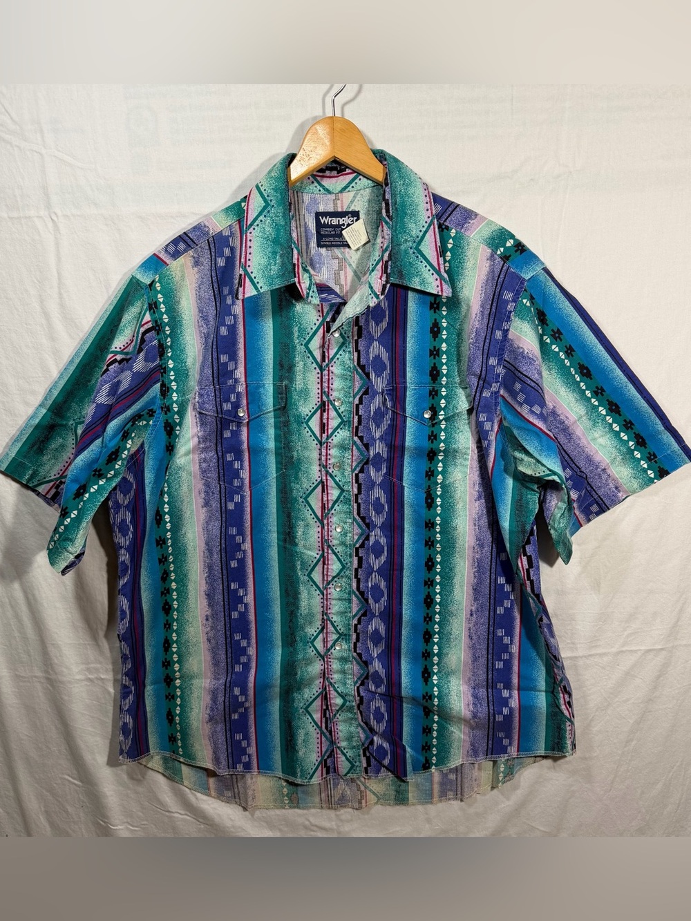 Wrangler Men's Short Sleeve Aztec Stripe Shirt in Teal & Blue 17.5 XL Pearl Snap